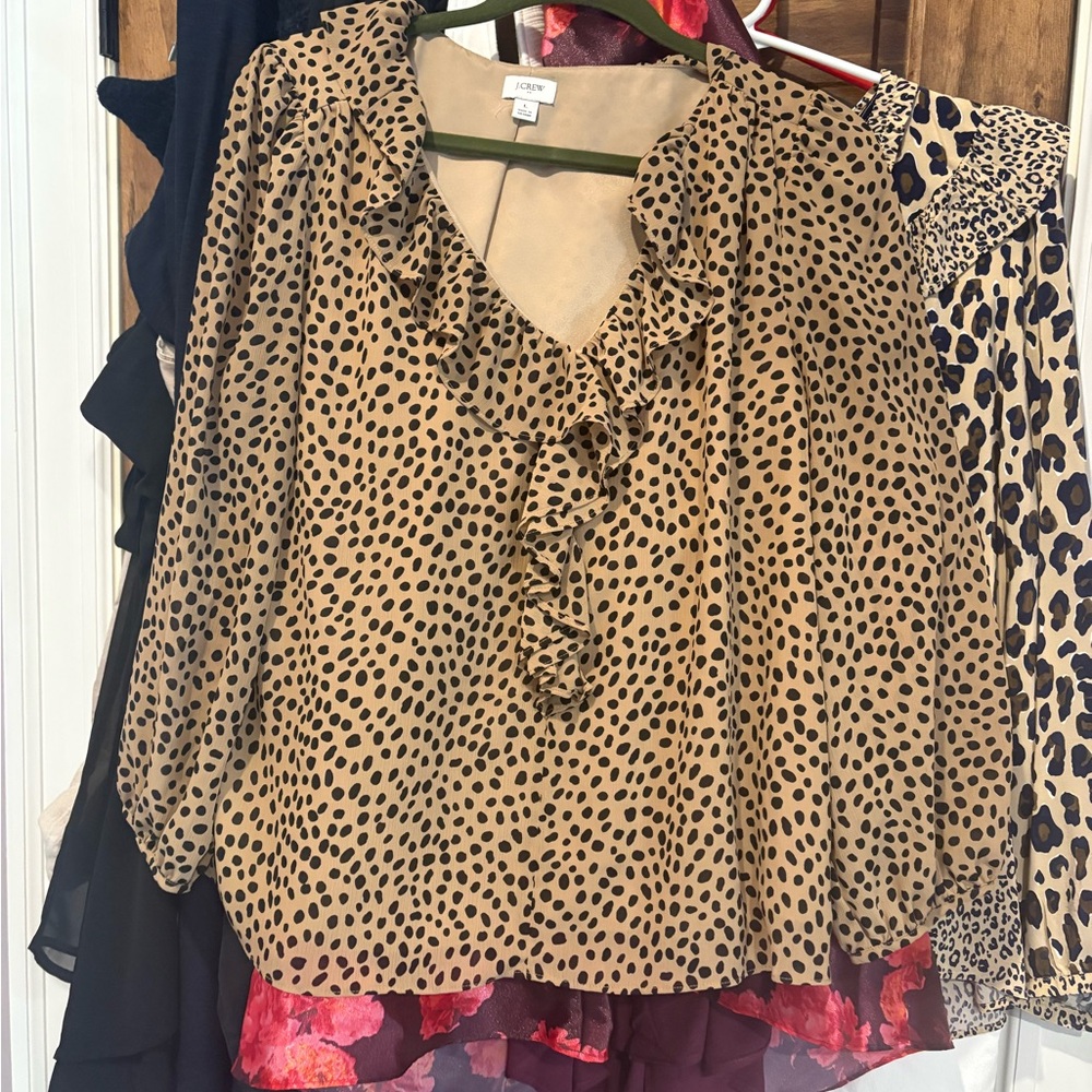 J. Crew Beige and Black Ruffle Blouse